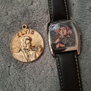 Elvis Presley Gold Pendant and Black Leather Watch Set